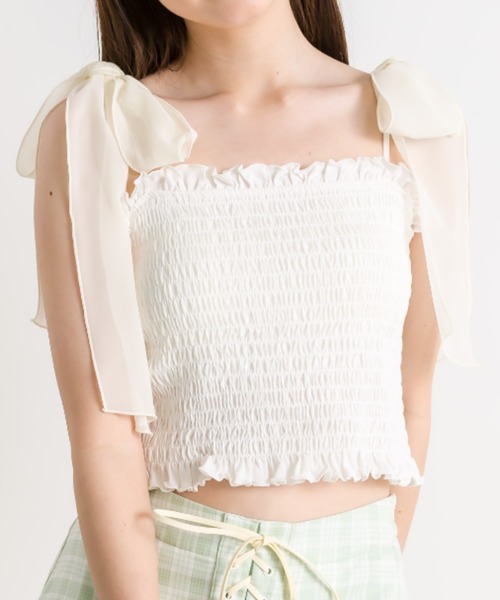 OLIVE des OLIVE（オリーブデオリーブ）の「肩リボンシャーリングキャミソール（パットあり）　1041060650（キャミソール・レディース・ライトグレー/ブラック/オフホワイト・FREE）」の2枚目の写真