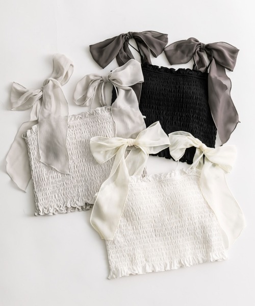 OLIVE des OLIVE（オリーブデオリーブ）の「肩リボンシャーリングキャミソール（パットあり）　1041060650（キャミソール・レディース・ライトグレー/ブラック/オフホワイト・FREE）」の4枚目の写真