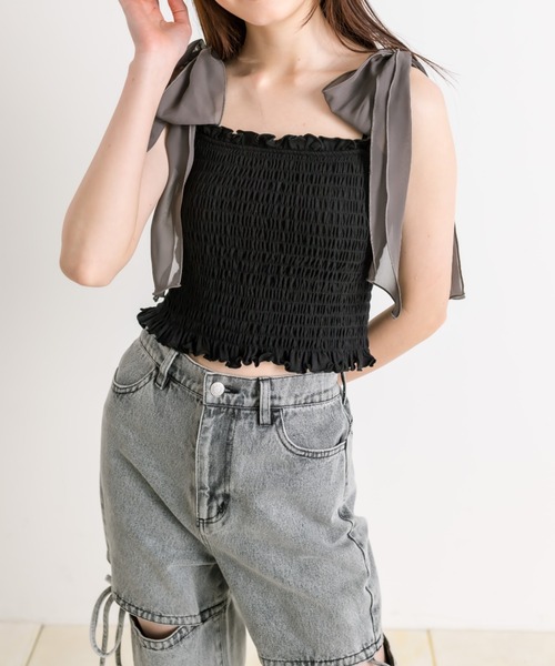 OLIVE des OLIVE（オリーブデオリーブ）の「肩リボンシャーリングキャミソール（パットあり）　1041060650（キャミソール・レディース・ライトグレー/ブラック/オフホワイト・FREE）」の10枚目の写真