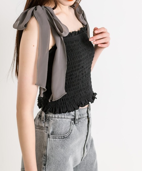 OLIVE des OLIVE（オリーブデオリーブ）の「肩リボンシャーリングキャミソール（パットあり）　1041060650（キャミソール・レディース・ライトグレー/ブラック/オフホワイト・FREE）」の12枚目の写真