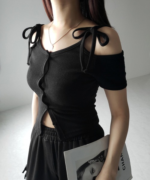 ♡ダブスタ♡ リボン 半袖ニット まいまい着用 ブラック 超美品 ♡ダブスタ♡ リボン 半袖ニット まいまい着用 ブラック 超美品