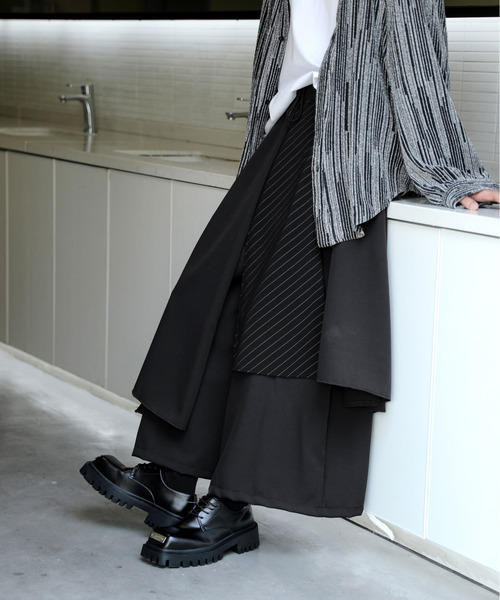 レイヤードデザイン スカート 黒とストライプ Jaguard stripe layered wrap skirt / ジャガードストライプ