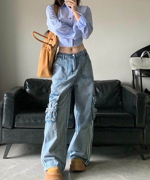 【関税込み】Off-White ブルー Irregular デニム カーゴパンツ セール】ライン入りデニムカーゴパンツ(デニムパンツ)|DIAVEL