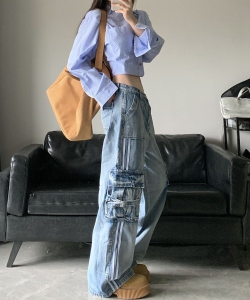 【関税込み】Off-White ブルー Irregular デニム カーゴパンツ ノンヘッジ non-hedge ウエスト折り返しデニムカーゴパンツ