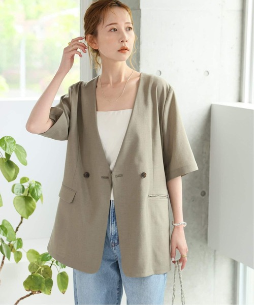 JOURNAL STANDARD（ジャーナルスタンダード）の「《追加2》アイアスストレッチハーフスリーブジャケット（ノーカラージャケット・レディース・ブラック/ベージュ・FREE）」の2枚目の写真