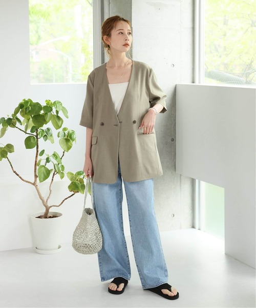 JOURNAL STANDARD（ジャーナルスタンダード）の「《追加2》アイアスストレッチハーフスリーブジャケット（ノーカラージャケット・レディース・ブラック/ベージュ・FREE）」の5枚目の写真