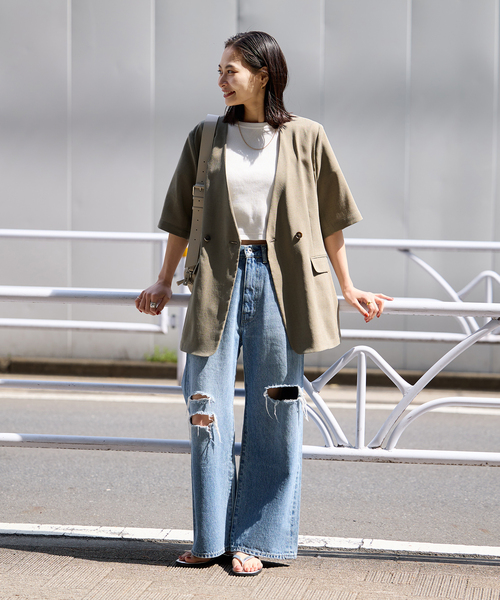 JOURNAL STANDARD（ジャーナルスタンダード）の「《追加2》アイアスストレッチハーフスリーブジャケット（ノーカラージャケット・レディース・ブラック/ベージュ・FREE）」の6枚目の写真