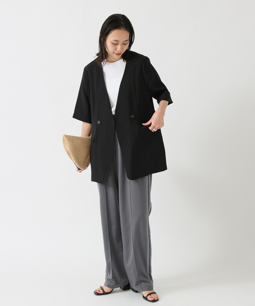 JOURNAL STANDARD（ジャーナルスタンダード）の「《追加2》アイアスストレッチハーフスリーブジャケット（ノーカラージャケット・レディース・ブラック/ベージュ・FREE）」の12枚目の写真