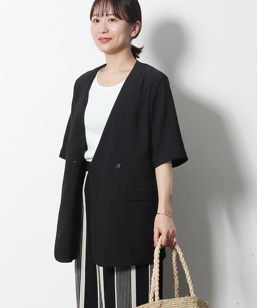 JOURNAL STANDARD（ジャーナルスタンダード）の「《追加2》アイアスストレッチハーフスリーブジャケット（ノーカラージャケット・レディース・ブラック/ベージュ・FREE）」の17枚目の写真