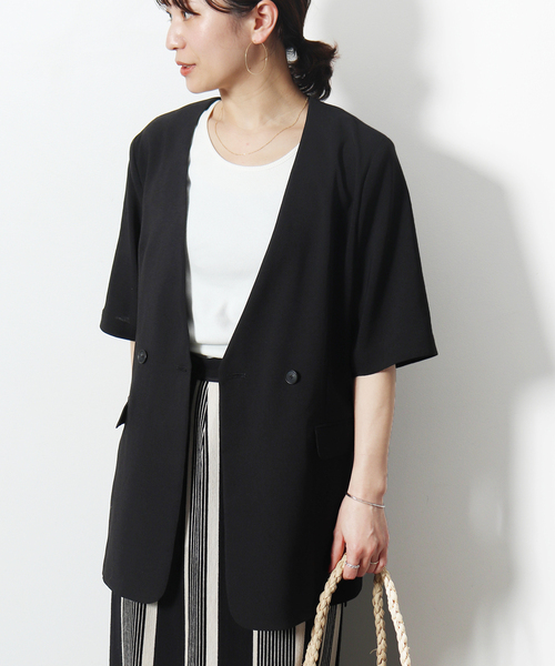 JOURNAL STANDARD（ジャーナルスタンダード）の「《追加2》アイアスストレッチハーフスリーブジャケット（ノーカラージャケット・レディース・ブラック/ベージュ・FREE）」の18枚目の写真