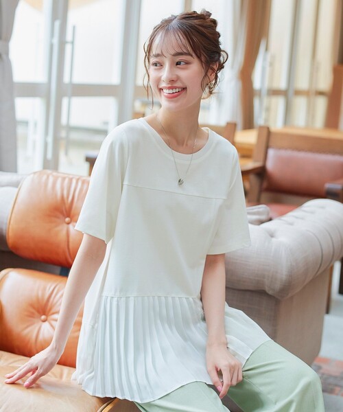 tシャツ メッシュプリーツドッキングプルオーバー レディース セール】【洗える】 メッシュプリーツドッキングプルオーバー（T