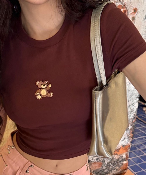 PRIVATE  BEACH（プライベートビーチ）の「ワンポイントくま刺繍クロップド丈Tシャツ（Tシャツ/カットソー・レディース・ホワイト/ワインレッド/ブラック/グレー・FREE）」の18枚目の写真