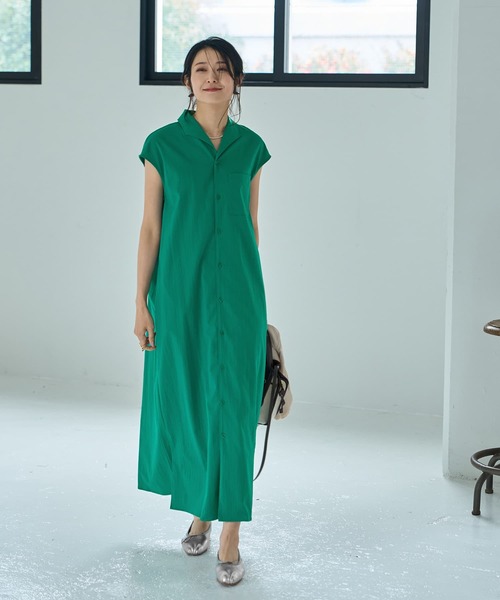 STYLE DELI（スタイルデリ）の「オープンカラーシャツワンピース（シャツ/ブラウス・レディース・ネイビー/グリーン・MEDIUM/SMALL）」の3枚目の写真