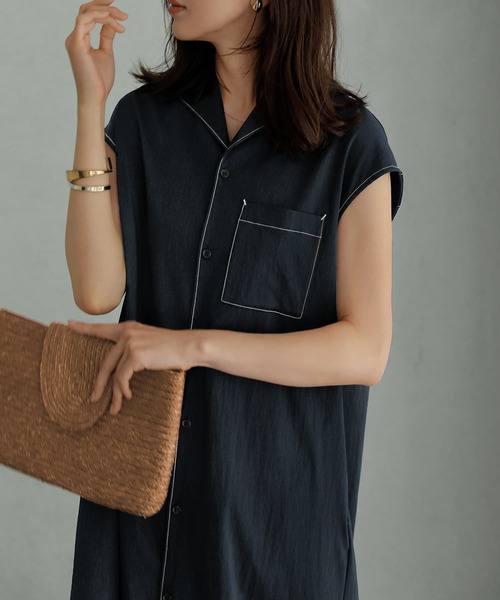 STYLE DELI（スタイルデリ）の「オープンカラーシャツワンピース（シャツ/ブラウス・レディース・ネイビー/グリーン・MEDIUM/SMALL）」の13枚目の写真