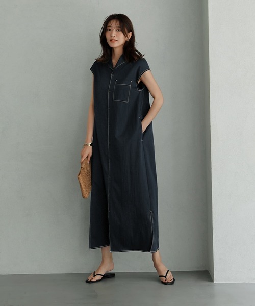STYLE DELI（スタイルデリ）の「オープンカラーシャツワンピース（シャツ/ブラウス・レディース・ネイビー/グリーン・MEDIUM/SMALL）」の12枚目の写真