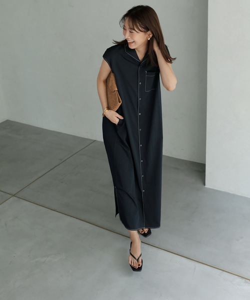 STYLE DELI（スタイルデリ）の「オープンカラーシャツワンピース（シャツ/ブラウス・レディース・ネイビー/グリーン・MEDIUM/SMALL）」の15枚目の写真