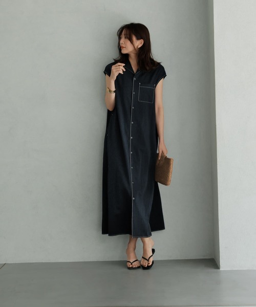 STYLE DELI（スタイルデリ）の「オープンカラーシャツワンピース（シャツ/ブラウス・レディース・ネイビー/グリーン・MEDIUM/SMALL）」の16枚目の写真