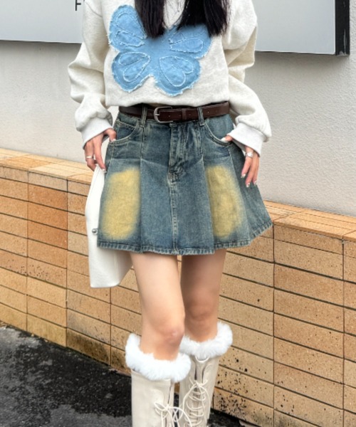 セール】ベルト付きミニ丈デニムプリーツスカート（スカート