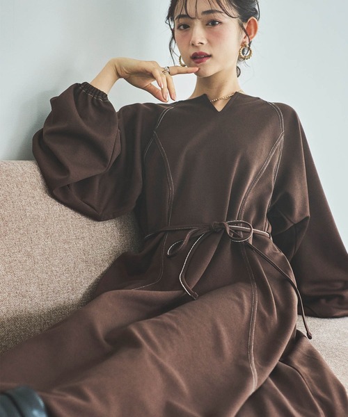 mil(ミル)の「【150㎝前後の小柄さんサイズ】配色ステッチキーネックワンピース(ワンピース・レディース・ブラック/ブラウン/ベージュ/ブラウン系その他/ブラック系その他/ベージュ系その他・XS/S)」の13枚目の写真