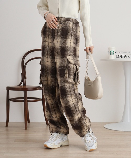 セール】.works起毛チェックカーゴパラシュートパンツ（カーゴパンツ