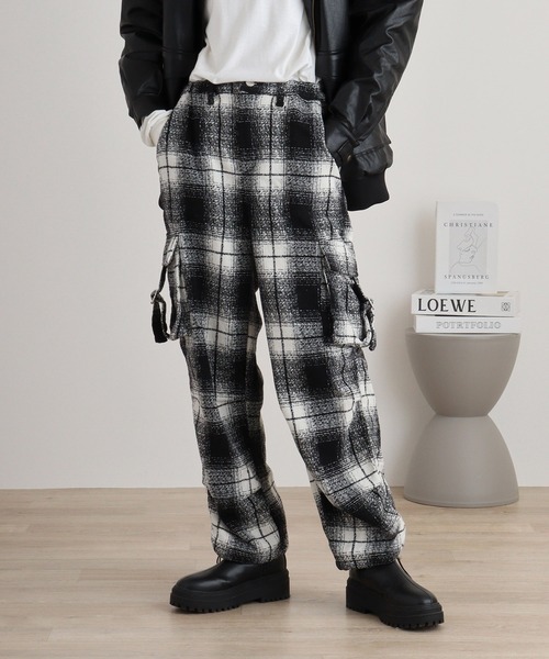 セール】.works起毛チェックカーゴパラシュートパンツ（カーゴパンツ