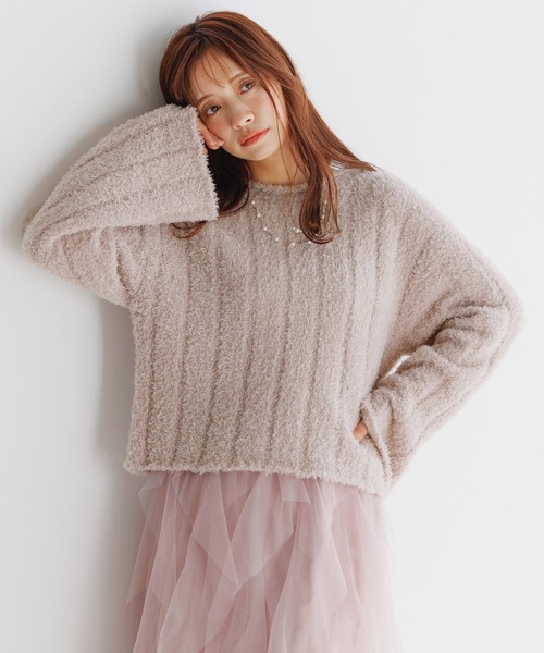 mysty woman（ミスティウーマン）の「フェザーモールショートプルオーバー 287569（ニット/セーター・レディース・グレイッシュベージュ/オフホワイト/チャコールグレー/ライトグリーン・FREE）」の3枚目の写真