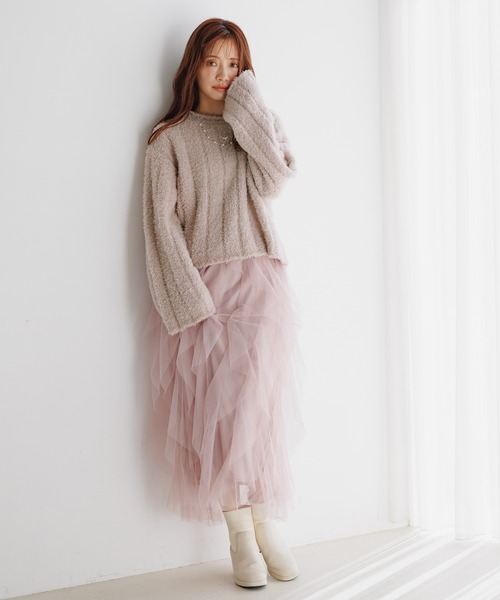 mysty woman（ミスティウーマン）の「フェザーモールショートプルオーバー 287569（ニット/セーター・レディース・グレイッシュベージュ/オフホワイト/チャコールグレー/ライトグリーン・FREE）」の6枚目の写真