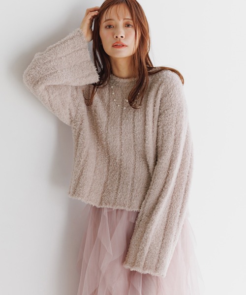 mysty woman（ミスティウーマン）の「フェザーモールショートプルオーバー 287569（ニット/セーター・レディース・グレイッシュベージュ/オフホワイト/チャコールグレー/ライトグリーン・FREE）」の7枚目の写真