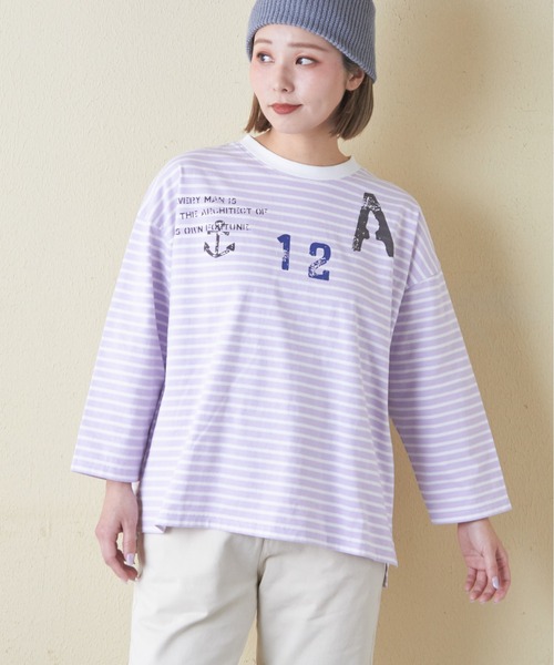 セール】先染めボーダーカットソー7分袖プルオーバー（Tシャツ