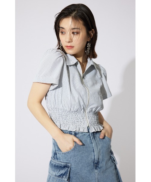 rienda（リエンダ）の「ウエストシャーリングジップブラウス 半袖 夏服（シャツ/ブラウス・レディース・ブラック/ライトイエロー/カーキ/ホワイト/マルチ・MEDIUM/SMALL）」の6枚目の写真