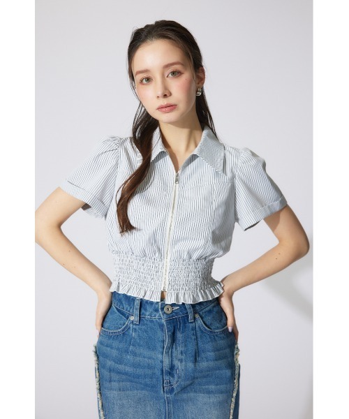 rienda（リエンダ）の「ウエストシャーリングジップブラウス 半袖 夏服（シャツ/ブラウス・レディース・ブラック/ライトイエロー/カーキ/ホワイト/マルチ・MEDIUM/SMALL）」の11枚目の写真