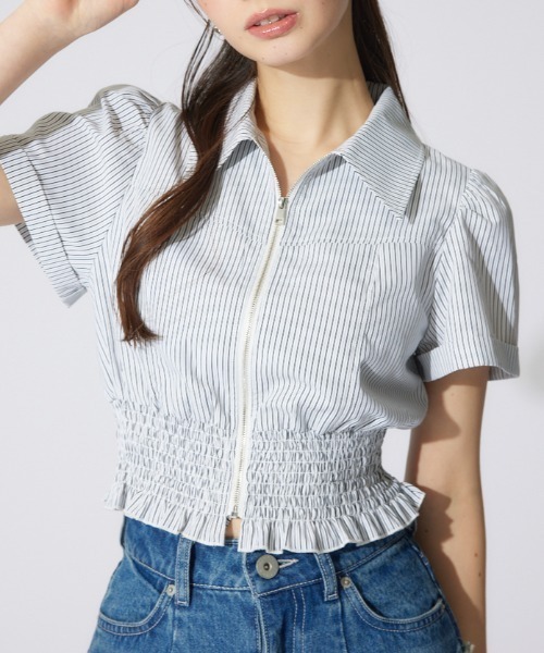 rienda（リエンダ）の「ウエストシャーリングジップブラウス 半袖 夏服（シャツ/ブラウス・レディース・ブラック/ライトイエロー/カーキ/ホワイト/マルチ・MEDIUM/SMALL）」の9枚目の写真