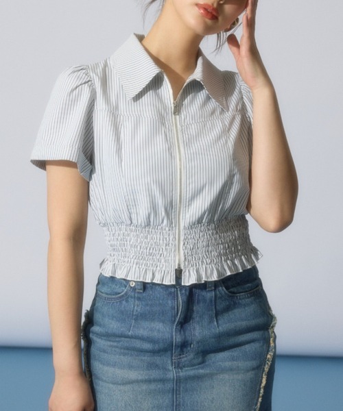 rienda（リエンダ）の「ウエストシャーリングジップブラウス 半袖 夏服（シャツ/ブラウス・レディース・ブラック/ライトイエロー/カーキ/ホワイト/マルチ・MEDIUM/SMALL）」の13枚目の写真