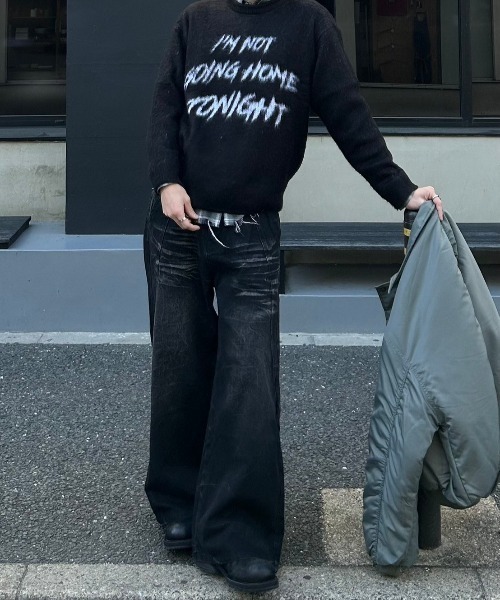 Chikashitsu +】curve stitch wide denim pants