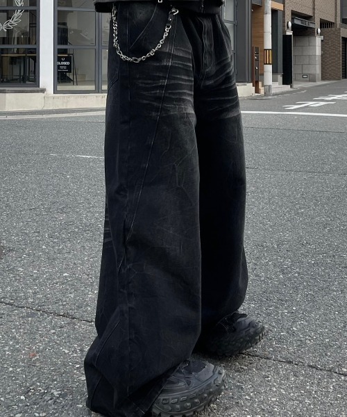Chikashitsu +】curve stitch wide denim pants