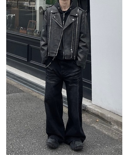 Chikashitsu +】curve stitch wide denim pants