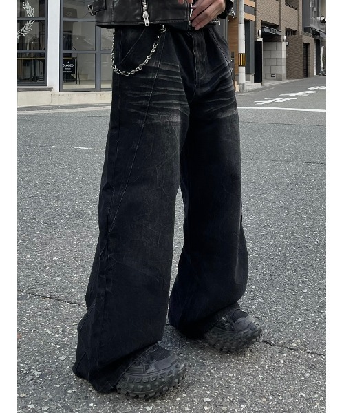 Chikashitsu +】curve stitch wide denim pants