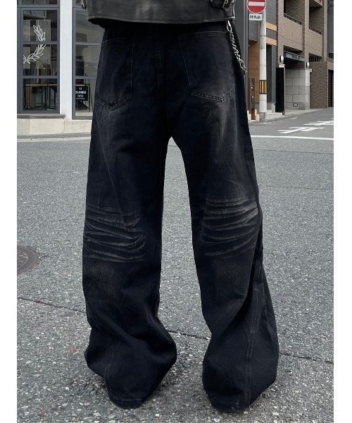 Chikashitsu +】curve stitch wide denim pants
