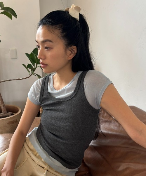 FUULLY STUDIO（フーリィーステューディオ）の「テレコベーシックカラータンク（タンクトップ・レディース・ピンク/ブラック/アイボリー/チャコールグレー・FREE）」の3枚目の写真