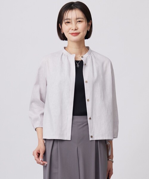 【洗える・接触冷感・吸水速乾】麻SOLID バンドカラー シャツ ブラウス J.PRESS｜【洗える・接触冷感・吸水速乾】麻SOLID バンドカラー