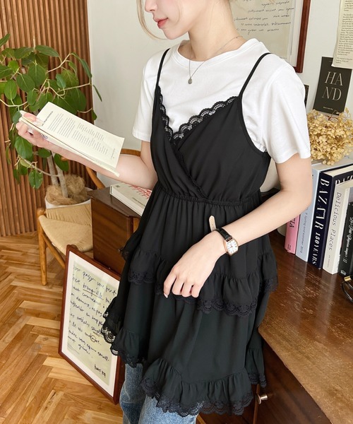 フリル付きクリーム色ミニワンピース セール】レースフリルキャミミニワンピース（ワンピース
