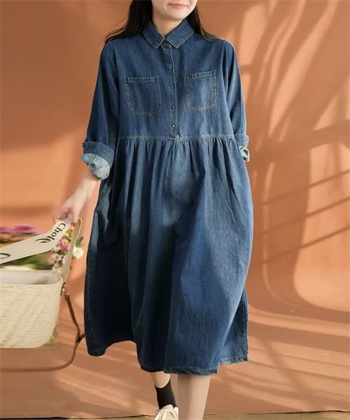 FREE STYLISTS(フリー スタイリスト)の「デニムシャツワンピース(シャツワンピース・レディース・ブルー/ブラック・M/L/XL/2XL)」の1枚目の写真