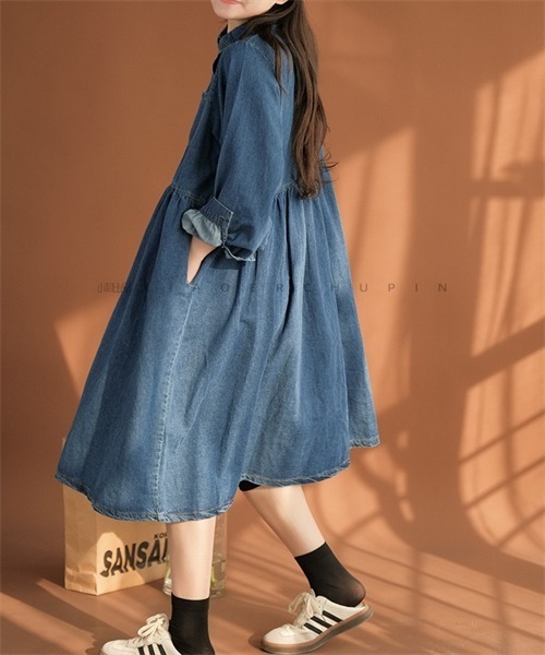 FREE STYLISTS(フリー スタイリスト)の「デニムシャツワンピース(シャツワンピース・レディース・ブルー/ブラック・M/L/XL/2XL)」の5枚目の写真