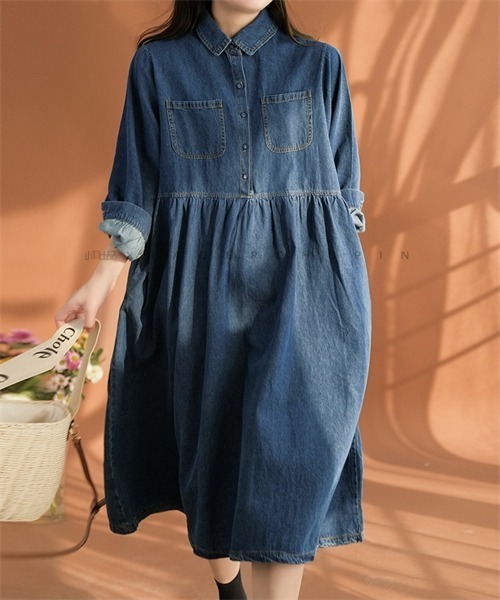 FREE STYLISTS(フリー スタイリスト)の「デニムシャツワンピース(シャツワンピース・レディース・ブルー/ブラック・M/L/XL/2XL)」の8枚目の写真