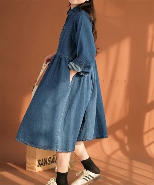 FREE STYLISTS(フリー スタイリスト)の「デニムシャツワンピース(シャツワンピース・レディース・ブルー/ブラック・M/L/XL/2XL)」の4枚目の写真