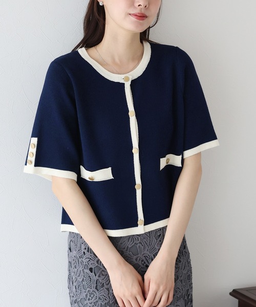 セール】金ボタン半袖ニットジャケット（カーディガン/ボレロ