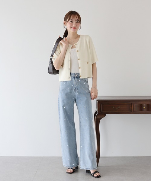 BLUEEAST（ブルーイースト）の「金ボタン半袖ニットジャケット（カーディガン/ボレロ・レディース・オフホワイト/アイボリー系/ネイビー系/ブラック/ピンクベージュ/ブラウン・MEDIUM）」の12枚目の写真