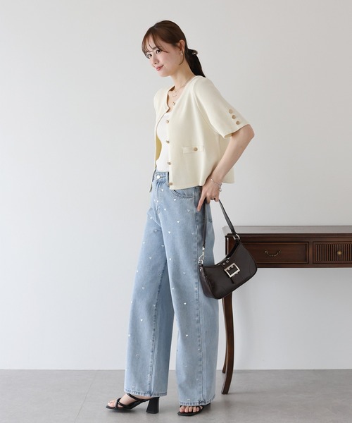 BLUEEAST（ブルーイースト）の「金ボタン半袖ニットジャケット（カーディガン/ボレロ・レディース・オフホワイト/アイボリー系/ネイビー系/ブラック/ピンクベージュ/ブラウン・MEDIUM）」の13枚目の写真