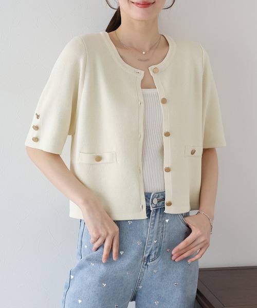 BLUEEAST（ブルーイースト）の「金ボタン半袖ニットジャケット（カーディガン/ボレロ・レディース・オフホワイト/アイボリー系/ネイビー系/ブラック/ピンクベージュ/ブラウン・MEDIUM）」の7枚目の写真