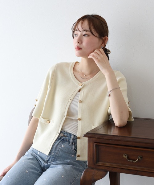 セール】金ボタン半袖ニットジャケット（カーディガン/ボレロ